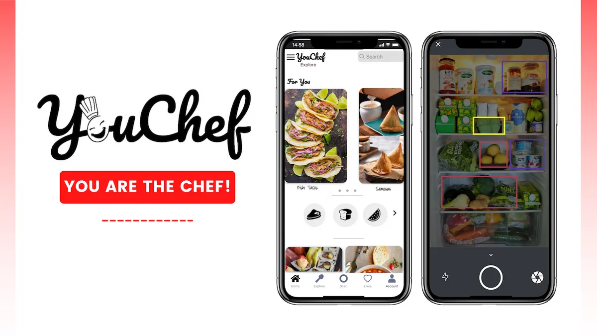 YouChef promo showing mobile phone scanning a fridge for food